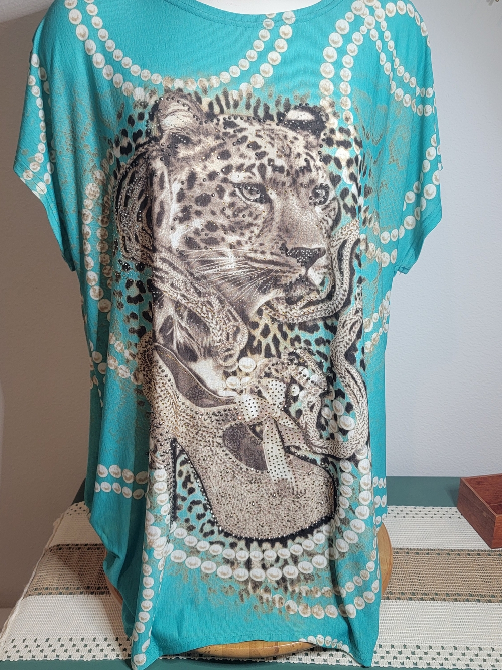 Turquoise Animal Print Draped Women's Top